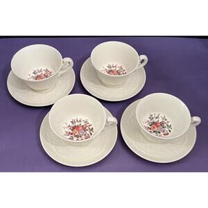 (4) Vtg Swansea Wedgwood Footed Cup & Saucer Sets Patrician Floral England 1940s